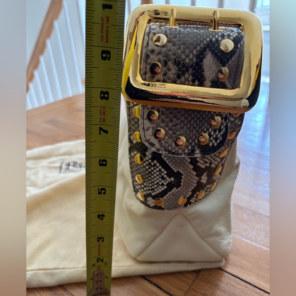 Be & D Off White Leather Clutch with Studded Snakeskin and Gold Hardware Handle. - Picture 8 of 8